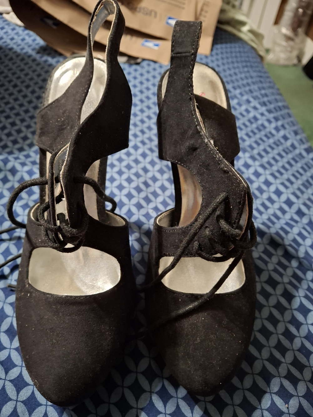 JustFab Black Lace Up Cage Stiletto Heels Slingback Pumps Y2K